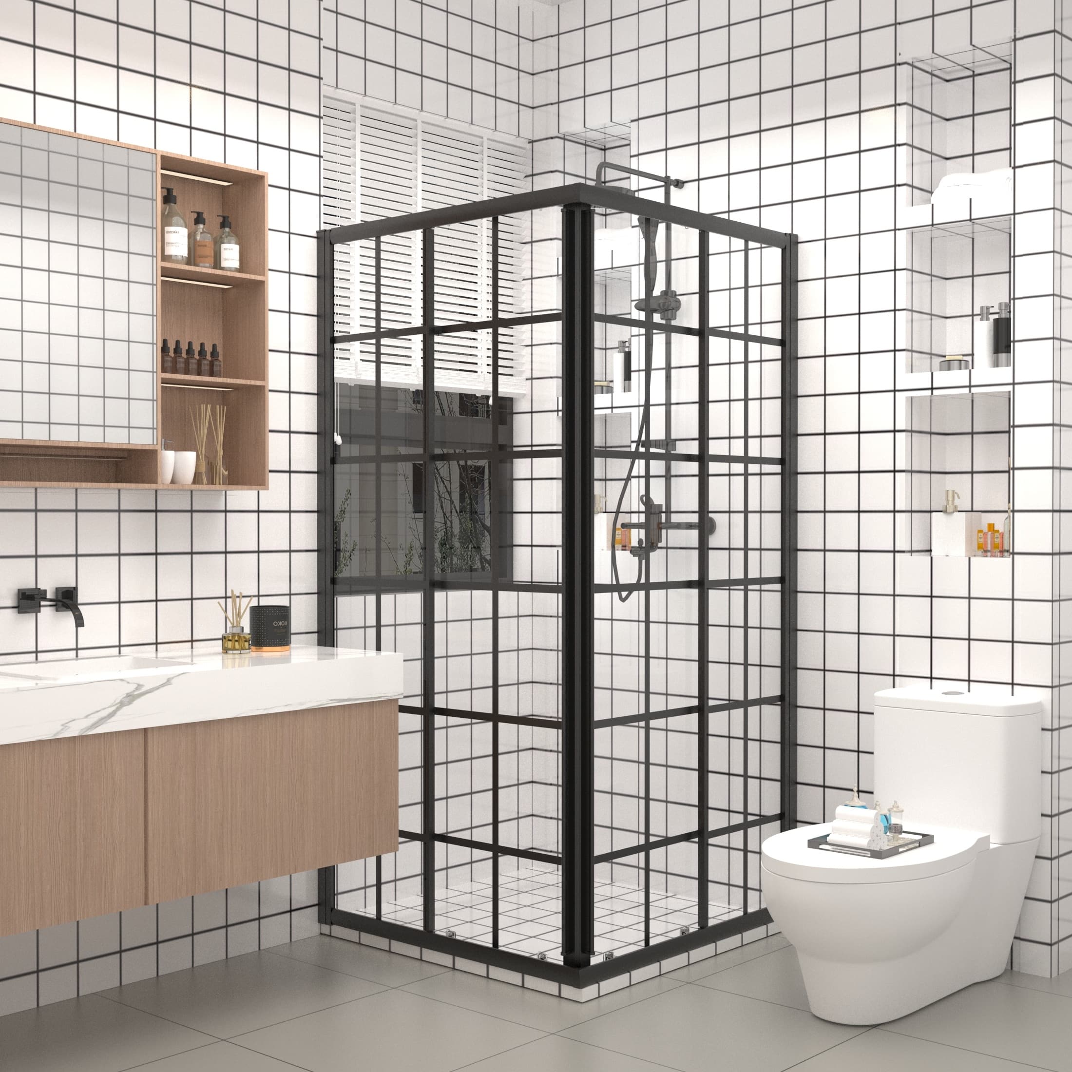 SL4U Black Silk Screen Grid Pattern Sliding Corner Shower Door, 36''W x